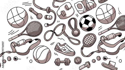 Sports Equipment Collection in Monochrome.
