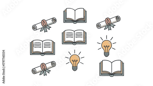 Education, knowledge, and achievement symbolised with graduation scrolls, books and light bulb.