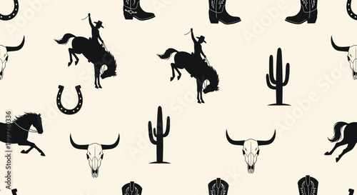 Seamless pattern featuring cowboy silhouettes, horses, cacti, boots, and bull skulls on a cream background.