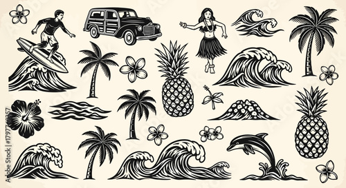 Vintage Hawaiian themed vector illustration with surfing, hula dancer, pineapple, waves, and palm trees.