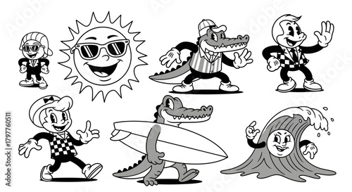A collection of retro black and white cartoon characters featuring a smiling sun, boys in checkered outfits, alligators, and a surfing wave.