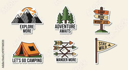 Collection of camping and outdoor adventure themed stickers with motivational quotes and illustrations.