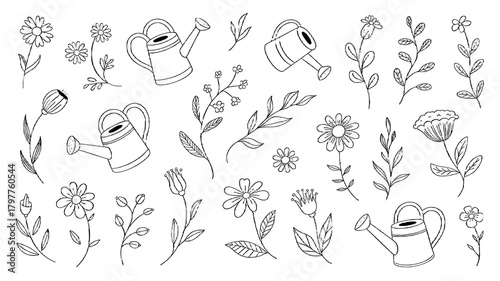 A collection of hand-drawn illustrations of gardening tools and plants.