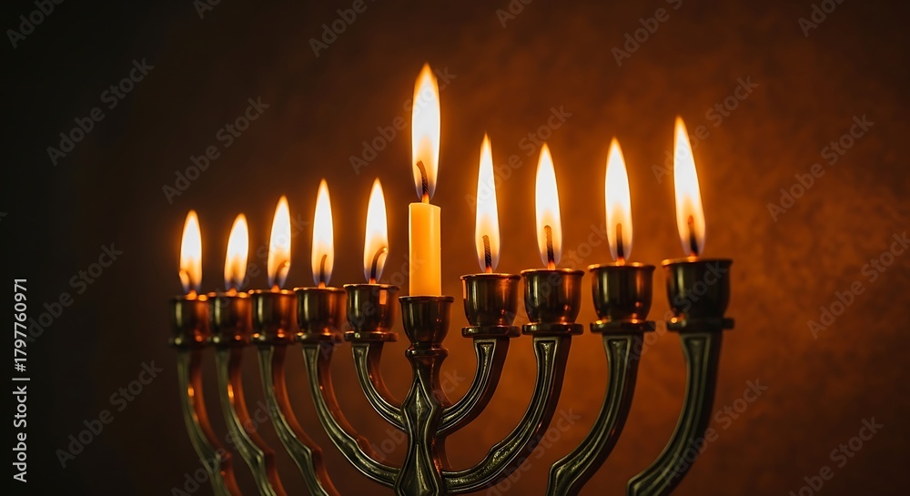 Fototapeta premium Burning hanukkah menorah with nine candles on dark brown background