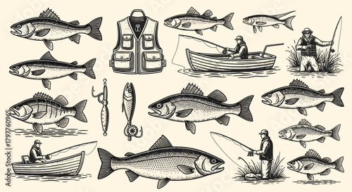 An illustration showcasing various fish, fishing equipment, and people engaged in angling activities.