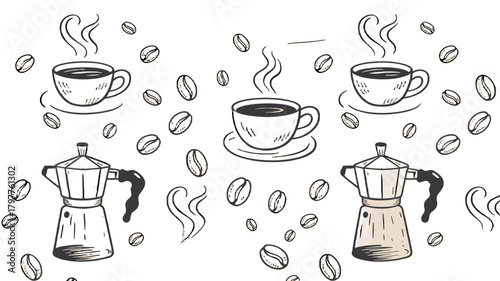 Illustrative elements featuring cups of coffee, beans, and coffee makers.