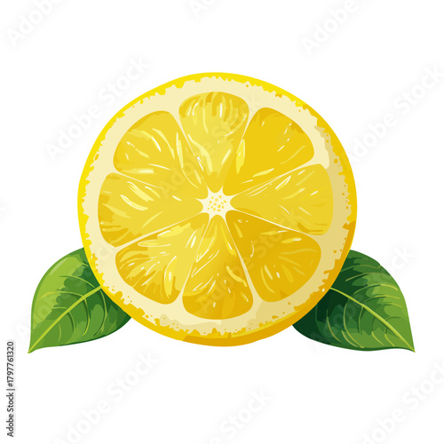 Lemon slice vector illustration. Fresh juicy citrus fruit with green leaves, isolated on white background for food and d