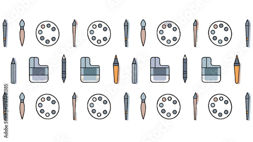 An illustration of colorful art supplies arranged in a neat pattern.