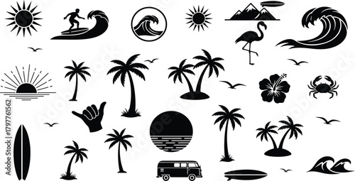 Tropical beach sunset and surf elements silhouette collection for summer design