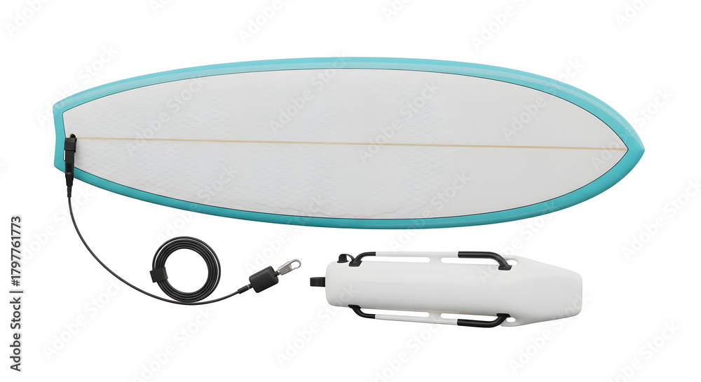 Fototapeta premium A sleek white surfboard with a teal outline and a connected black cord lies on a surface next to a white device