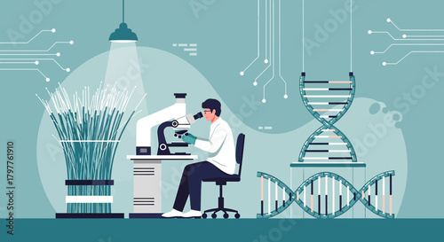 Scientist analyzing genetic data with microscope in a modern laboratory setting with stylized dna