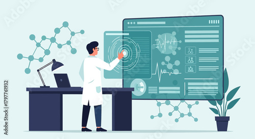 Scientist analyzing molecular data on a touch screen interface in a modern laboratory setting