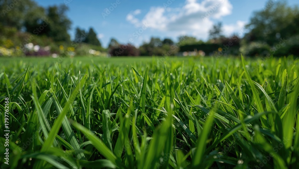 Obraz premium Texture of fresh green grass with shadow for editorial header background, seasonal change