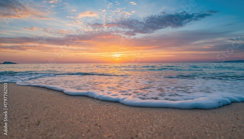 Fototapeta Naklejka Na Ścianę i Meble -  Summer beach getaway with soft sands and gentle waves, ideal for relaxation and serenity