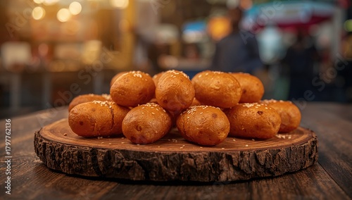Fototapeta Naklejka Na Ścianę i Meble -  Homemade Mini Corn Dogs arranged on a rustic wooden surface, ideal for casual gatherings