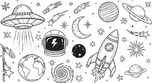 Hand drawn space elements including planets rockets astronauts and ufos