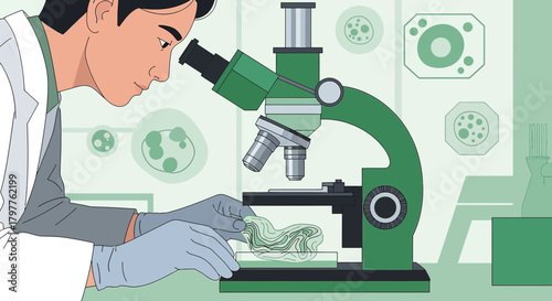 Scientist meticulously analyzing a sample under a microscope in a lab setting illustration
