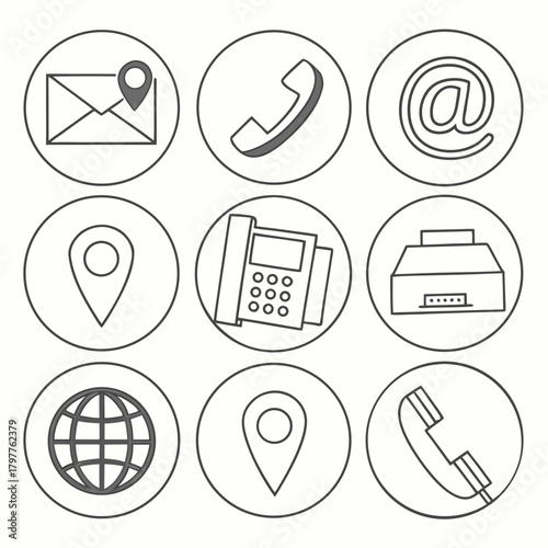 Set of nine contact and communication icons in circles