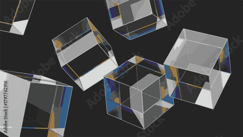 3D cube collage of photos on white background with colorful blocks and paper icons