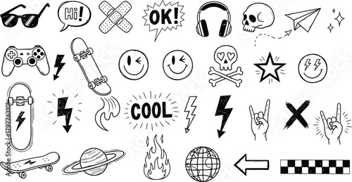 Collection of hand drawn doodle icons representing youth culture and hobbies