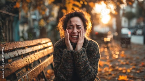 Woman in distress, sitting on park bench, autumn setting