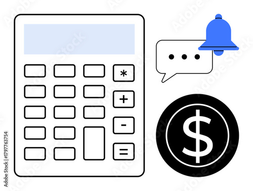Calculator for calculations, chat bubble with notification, and dollar coin. Ideal for finance, budgeting, accounting, invoicing, analysis communication digital apps. Simple flat metaphor
