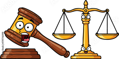 Cartoon Gavel and Scales of Justice with Emotional Expressions Law and Order Concepts