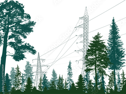 electric power blue line in forest on white