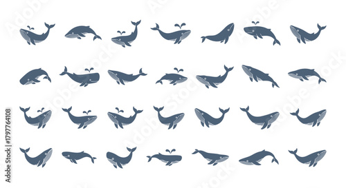 Stylized Blue Whale and Aquatic Mammal Silhouettes Vector Icons Set: Diverse Collection of Marine Life Shapes for Ocean, Wildlife, and Environmental Designs