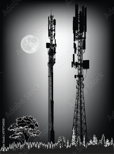 antenna tower silhouettes near tree on dark night background