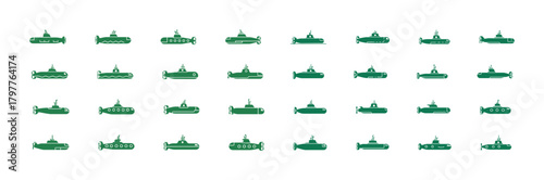 Various Green Submarine and Underwater Vehicle Silhouettes Vector Icons Set: Collection of Military and Exploration Watercraft Designs for Transportation