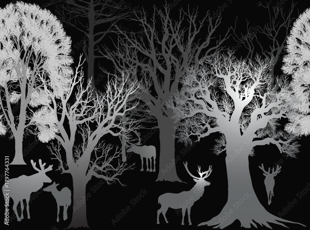 Fototapeta premium deers between gray trees on black