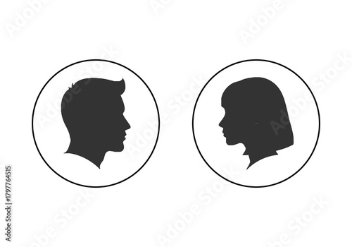 Simple black silhouettes of a man and woman facing each other
