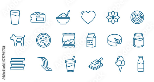 Dairy and Milk Products Outline Vector Icons Set: Thin Line Drawings of Milk, Cheese, Yogurt, and Breakfast Foods for Grocery and Food Industry Graphics