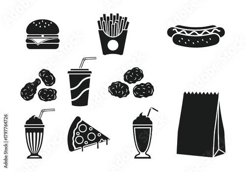 Assorted fast food icons including burgers fries and milkshakes
