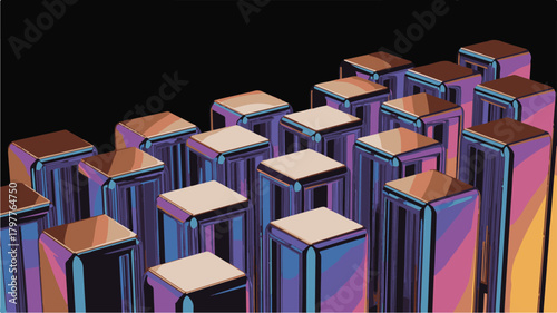 Stack of colorful 3D books on black background with geometric cube design