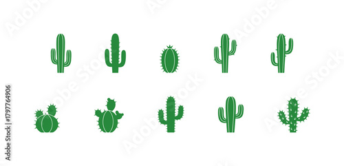 Green Cactus Silhouette Vector Icons Set: Diverse Collection of Succulent Plants and Desert Flora Shapes Representing Nature, Resilience, and Southwest Design