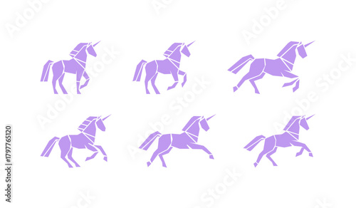 Six Purple Stylized Geometrical Unicorn Silhouettes in Various Dynamic Poses Vector Graphics.