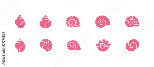 Collection of Ten Pink Seashell and Snail Shell Icons in Silhouette Style Vector Graphics.