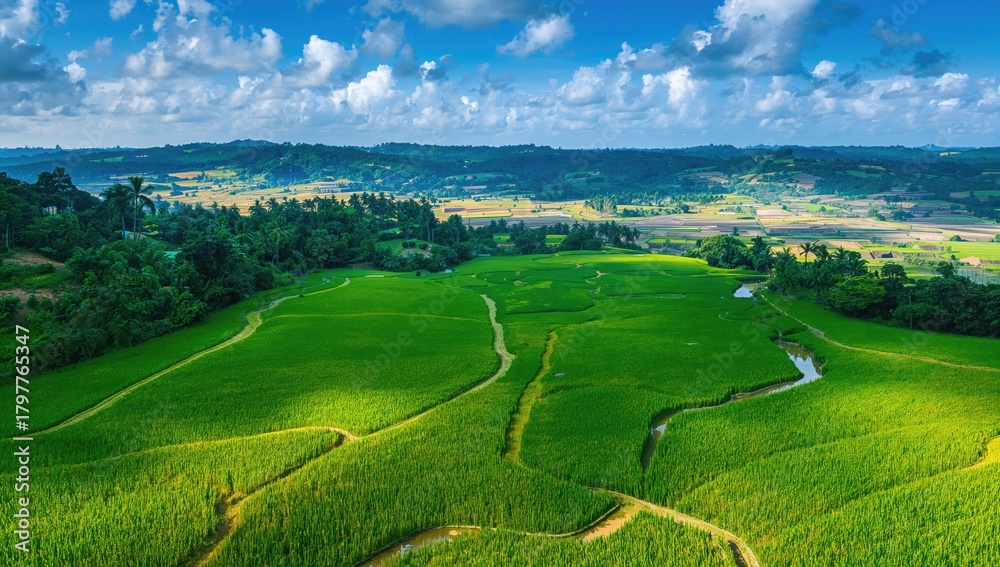 Fototapeta premium Rice fields in Java, Indonesia, aerial view of agricultural landscape, focus on irrigation system
