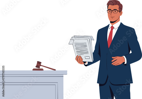 Lawyer Holding Documents with Gavel on Desk Representing Legal Profession