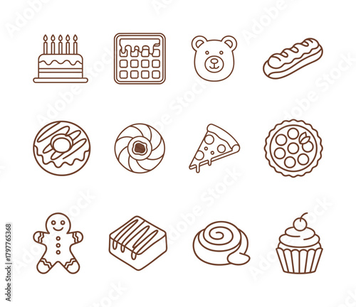 Outline Set of Twelve Dessert and Bakery Icons: Cake, Waffle, Bear Cookie, Eclair, Donut, Pizza Slice, Tart, and Cupcake.