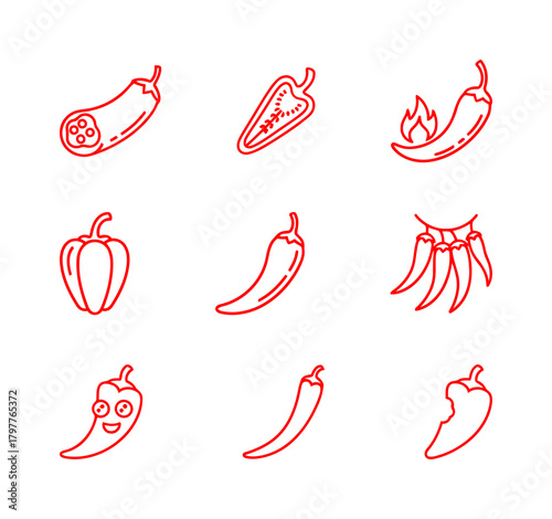 Outline Set of Nine Red Chili Pepper Icons in Various Forms, Including Half-Cut, Flaming, Sweet Pepper, and Cartoon Face.