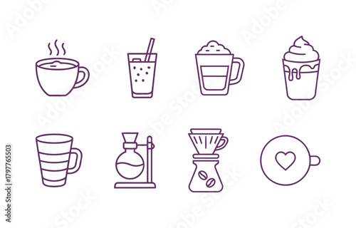 Outline Purple Set of Eight Coffee and Beverage Icons: Hot Mug, Iced Drink, Latte, Frappe, Cold Brew, and Pour Over System.