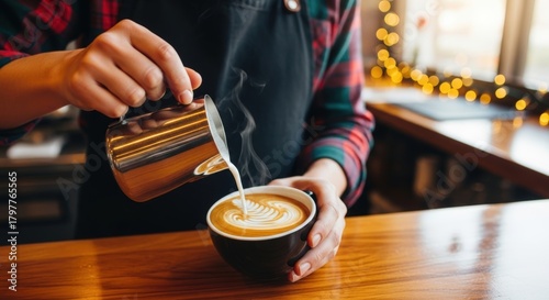 barista making cappucino in cafe for christmas beverage