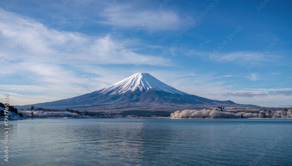 Fototapeta premium Mt. Fuji with Lake Motosu beneath a clear winter sky, capturing seasonal change