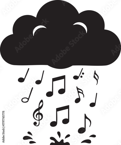 Isolated a kind of cloud raining musical notes vector silhouette representing creativity inspiration sound weather and artistic atmospheric phenomena