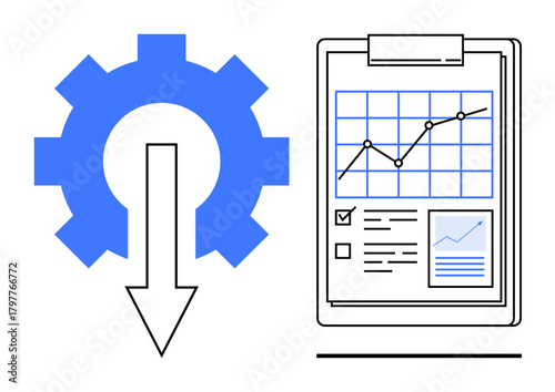 Gear with downward arrow symbolizing process optimization next to clipboard with graph, checklist, and data chart. Ideal for innovation, analytics, efficiency, strategy, workflow improvement