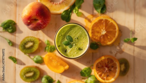 Wallpaper Mural Fresh smoothie drink featuring kiwi, peach, orange, and spinach on a table, fiber-dense choice Torontodigital.ca