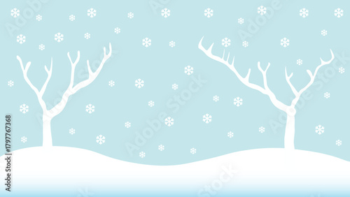 Winter snow falls in the forest, dry trees, falling leaves, cold air